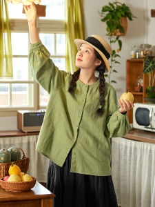 Original Japanese Style Long Sleeve Womens Shirt Casual round Neck Linen Top Autumn Fashion Loose Fit Versatile Green Shirt