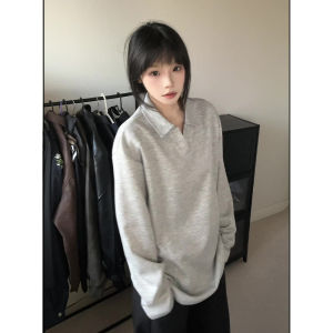 เสื้อโปโลคอวีสีดำ ทรงหลวม แขนยาว สำหรับผู้ชาย ฤดูใบไม้ผลิและฤดูใบไม้ร่วง แบรนด์ดัง ความรู้สึกหรูหรา สไตล์อเมริกัน วินเทจ เสื้อเชิ้ต