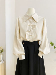 New Chinese Style Button up Shirt Women Long Sleeve Spring Design Ear Mushroom Ruffle Style Elegant Small Top Upper Apparel