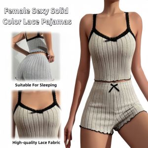 DXSS ชุดชุดนอนเข้าชุดเอวลอยประดับลูกไม้ขอบชุดนอนลูกไม้สีล้วนชุดนอนเข้าชุดสำหรับผู้หญิงฤดูร้อน