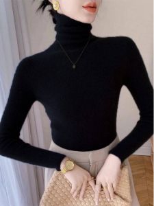 เสื้อสเวตเตอร์ถักคอสูงผ้าขนสัตว์สไตล์ฝรั่งเศสสำหรับผู้หญิง เสื้อชั้นในทรงเข้ารูป คอกลม แขนยาว สีพื้น เสื้อชั้นในฤดูใบไม้ร่วง/ฤดูหนาว