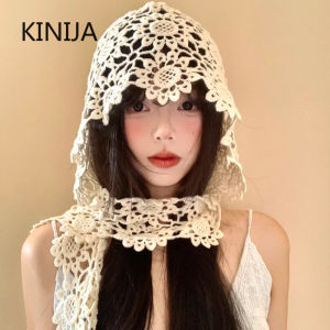 Japanese Lace Hollow Out Knitted Hat Womens Ethnic Sle Travel Photoaphy Face Slimming Overhead Cap Headscarf Hat Casual
