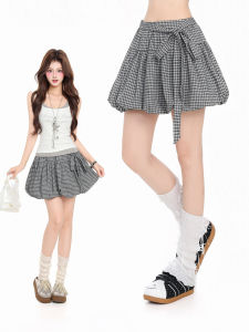 Vintage Bow-tie Plaid A-line Short Skirt