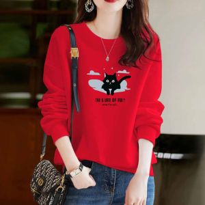 Fashionable Loose Long Sleeve Cotton Hoodie Womens Premium Quality Comfortable Fit Print Detail Turn-down Cuff round Neck Top