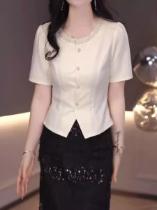 Elegant Ice Silk Satin Top Lace Half Skirt Summer New Luxury Dress Skirt Waist Shaping Short Sleeve round Neck A-Line Dress