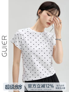 Guier Polka Dot Short Sleeve Slim Fit round Neck T-Shirt Womens Summer Design Unique Style Fashionable Casual Top