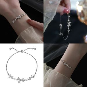 [Cutewomen2020] Ins Light Luxury Style Bow Bracelet for Women Sweet Niche Sparkling Zircon Pull-Out Adjustable Gift for Girlfriend Hand Jewelry