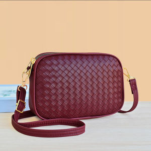 Large Capacity Womens Crossbody Bag Pure Color Casual Fashion Woven Pattern Single Shoulder Bag Soft PU Leather Handbag