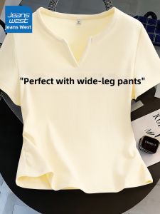 Jeanswest | Elegant Yellow V-Neck Regular Shoulder Short Sleeve T-Shirt