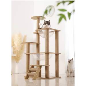 Multi Level Cat Tree with Large Capsule Hideaway Compact Freestanding Sisal Cat Tower Stable Sturdy Climbing Frame Natural Scratching Posts Soft Plush Cozy Rest Nest Indoor Activity Play House for Large Medium Small Adult Cats and Kittens