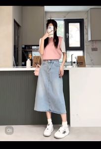 ผู้หญิงบวกขนาดกระเป๋าวินเทจปักยีนส์เอวสูงกระโปรงหลวมพอดีแฟชั่นง่ายจับคู่เปิด กระโปรงสะโพกกระเป๋า กระโปรงยาวกลาง V96