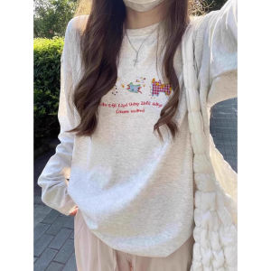 Loose Fit Pure Cotton Long Sleeve T-Shirt Womens Early Autumn Chic Base Layer Printed Casual Comfortable Cotton Top