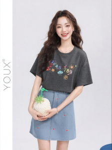 YOUXIANG | Áo Thun Phong Cách Dễ Thương Có Thêu Số Hóa