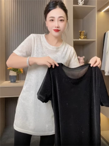 European Goods Hot Rhinestone Shiny Split Mid-Length Thin Short Sleeve Womens Summer New Arrival Western Style Fashion Slim Fit Slimming T-shirt