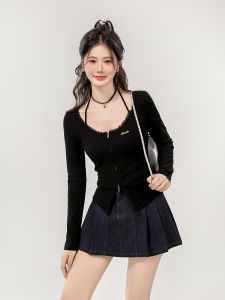 Korean Style Long Sleeve T-Shirt Womens Splice Lace Edge Slimming Base Shirt Top Fashionable Commute Classic Pattern