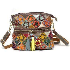 BeeGreen Women Multicolor Genuine Leather Shoulder Bag Fashion Flower Patchwork Sling Bag Large Capacity Leisure Messenger Bag