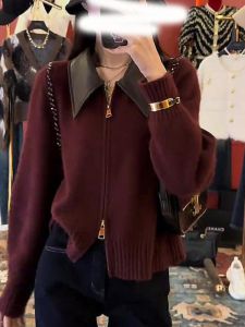 Retro Hong Kong Style Knitted Top Double Zipper Collar Color Block PU Material Oversized Long Sleeve Autumn Winter Fashion