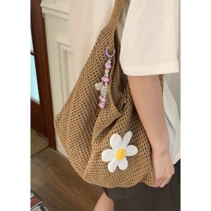 Handwoven Tote Bag Womens Fashionable Large Capacity Underarm Beach Bag Vacation Style Double Handle Soft Fabric Shoulder Bag