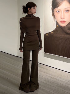 Karrar betsey | Retro Coffee Color Womens Set Tunic Sweater Wide Leg Pants