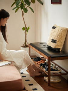 DONGZEFURNITURE | Multifunctional Walnut Wood Shoe Changing Stool Genuine Leather