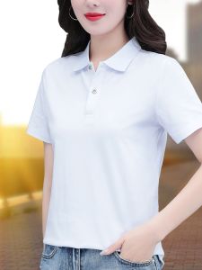 Pure Cotton White Short Sleeve T-Shirt Womens Summer New Style Polo Shirt Stand Collar Korean Style Commute Wind Loose Fit