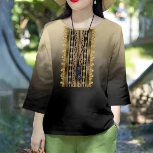 Branded Women Tshirt Blouse Retro Red Long Sleeved Barong Pattern Filipiniana Inspired Top Loose Knitted Shirt For Women