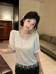 GUZILIAN | French Style Sweet Heavy Bead Tassel Round Neck Bubble Sleeve Shirt Short Cute Top Korean Version Pure Color Commute Style