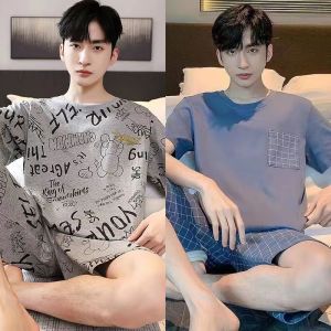 Bộ Đồ Ngủ Cotton Nguyên Chất Mùa Hè Cho Nam Tay Ngắn Mỏng Thoải Mái Mặc Ở Nhà in Họa Tiết Hoạt Hình Quần Short
