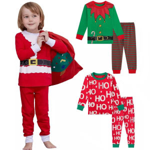 Christmas Pajama Kids Santa Claus Costume Boys Cotton Cosplay Theme Party Sleepwear Girls Green Elf Clothes 2-14 Years Red White Striped Sets