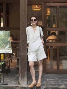 White Cotton Linen Set Women Summer Lightweight Casual Short Sleeve V-Neck Top Cotton Linen Shorts Two-Piece Suit