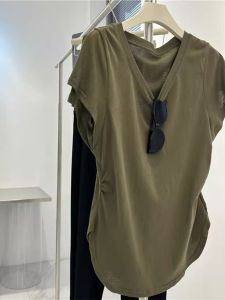 DVDK | Áo Thun Cổ V Phong Cách Châu Âu Dáng Không Đều Nơ Dây eo Tay Ngắn