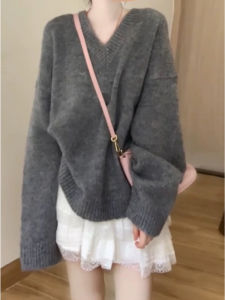 YUEZHONGWEI | Early Autumn Grey V-Neck Loose Lazy Style Knitwear