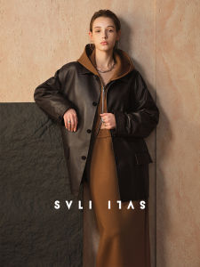 SVLI Suspense Script Vintage Light Wax Cowhide Leather Jacket Classic Silhouette Long Sleeve Womens Coat Commute Style