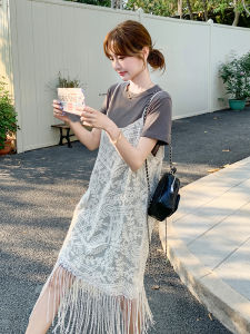 Gray Lazy Lace Trim Tunic Dress Set Women Summer 2025 New Style Layered Overalls Shirt Dress Two Piece Set Loose Waist a Line Skirt