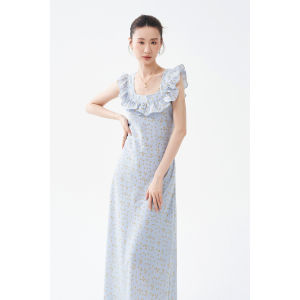 French Design Ruffled U-Neck Cap Sleeve Floral Summer Holiday Long Dress