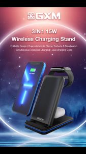 GXM 3in1 15W Wireless Charging Stand For iPhone 14 Pro Max 13 12 Samsung Huawei Xiaomi OPPO VIVO Apple Watch AirPods Charger WC-1502 Foldable Design Fast Wireless Charging Dual Charging Coils Multi-functional Mobile Phone Earbuds Smartwatch