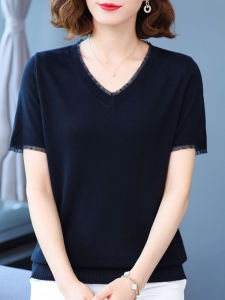 plus Size Womens Ice Silk Knitwear Short Sleeve V-Neck Loose Top Thin  Silk T-Shirt Summer New Style Comfortable Fit