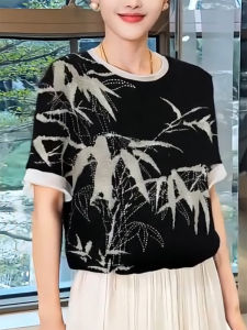 QINGNAER | Bamboo Print Colorblock Round Neck Short Sleeve Plus Size Retro T-shirt
