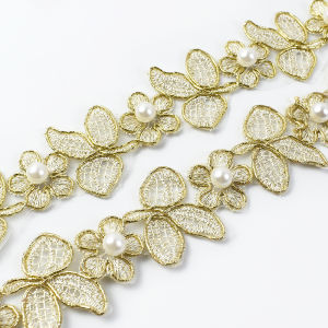 3Yards Pearl Beaded Lace Gold Thread Trim Sewing Dress Bride Applique Clothes Belt Ribbon Fabric