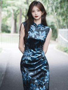 Elegant Long Velvet Print Sleeveless Chinese Style Dress Shanghai Retro Fashion Low Slit Daily Wear Comfortable Breathable