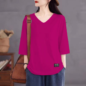 Pure Cotton Fashion V-neck Short Sleeve T-Shirt Womens Summer Easiest for Match Loose Tummy Hiding Slimming Plus Size Leisure Anti-Aging Half Sleeve Tops