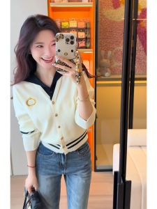 YUEZHONGWEI | Academic Style Navy Collar Fake Two-Piece Color Clash Open Cardigan Sweater
