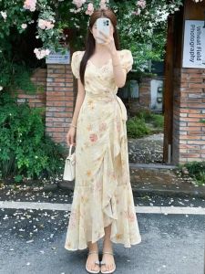 NIUVIES | French V-Neck Bubble Sleeve Floral Print Yellow Dress