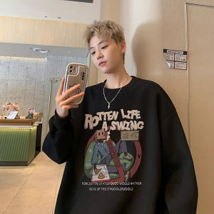 เสื้อฮู้ดคอกลมแขนยาวผ้าฝ้ายแท้สไตล์อเมริกันฮิปฮอปสีดำ ทรงหลวม สำหรับผู้ชายและผู้หญิง ฤดูใบไม้ร่วง 2025
