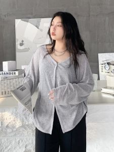 plus Size Womens Long Sleeve Shirt V-Neck Striped Air Conditioning Sun Protection Open Cardigan Top Slimming Spring Fashion