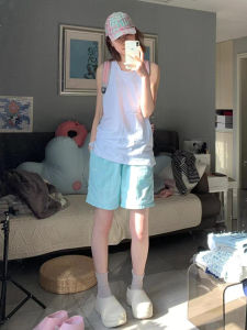 กางเกงขาสั้นผ้าไหมน้ำแข็งทรงหลวมเอวสูงสไตล์อเมริกันสำหรับผู้หญิง กางเกงขายาวทรงหลวมสบาย ๆ แห้งเร็วสำหรับฤดูร้อน