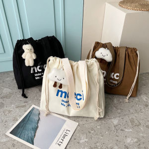 JENL Drawstring Bag Canvas Bag for Women INS Japanese Style Handbag Tote Bag Large Capacity Shoulder Bag