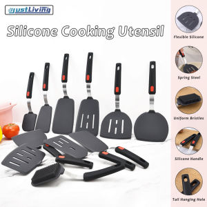 JustLiving 1Pc Silicone Spatula Turner with Lengthened Handle Heat Resistant Spatulas for Nonstick Cookware Kitchen Flipper Utensil for Egg/ Pancake/ Fish/ Burger - No Scratch & Melting/ BPA Free