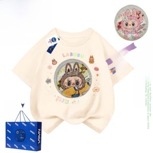 NASA Collaborative Kids Short Sleeve Pure Cotton T-Shirt Labubu Solid Color Shiny Sequin Flip Side Pattern Casual Top