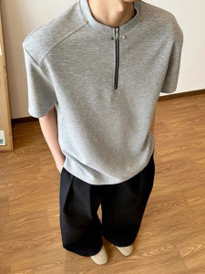 Gray Cleanfit Zipper Shoulder Pad Short Sleeve Mens Summer Space Cotton T-shirt American High Street Design Half Sleeve
